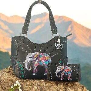 Boho Elephant Purse Wallet Set Western Handbag for Women Large Country Tote Bag